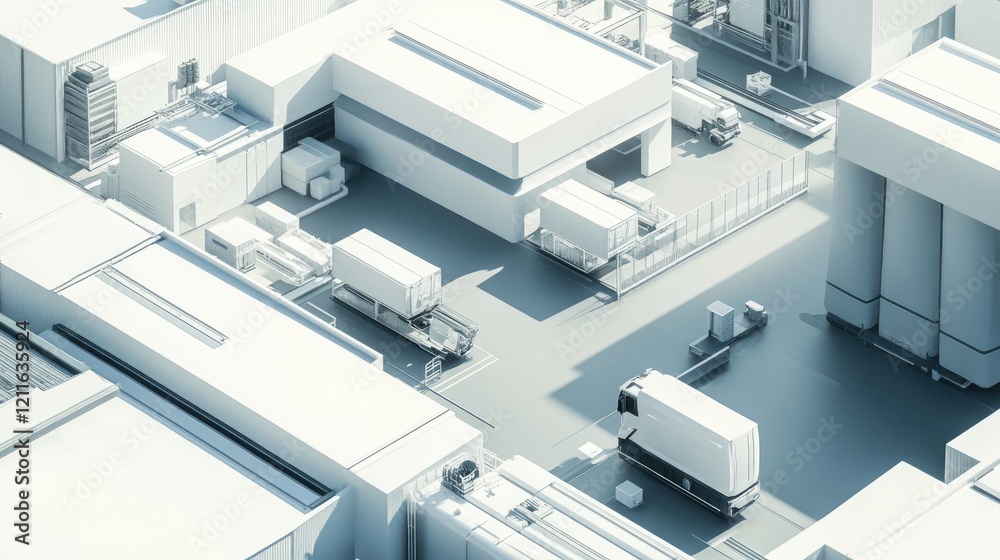 A 3D rendering of a sleek, white modern factory area with logistics vehicles parked in the yard, showcasing a cutting-edge industrial environment. A 3D rendering of a sleek, white modern factory area with logistics vehicles parked in the yard, showcasing a cutting-edge industrial environment.