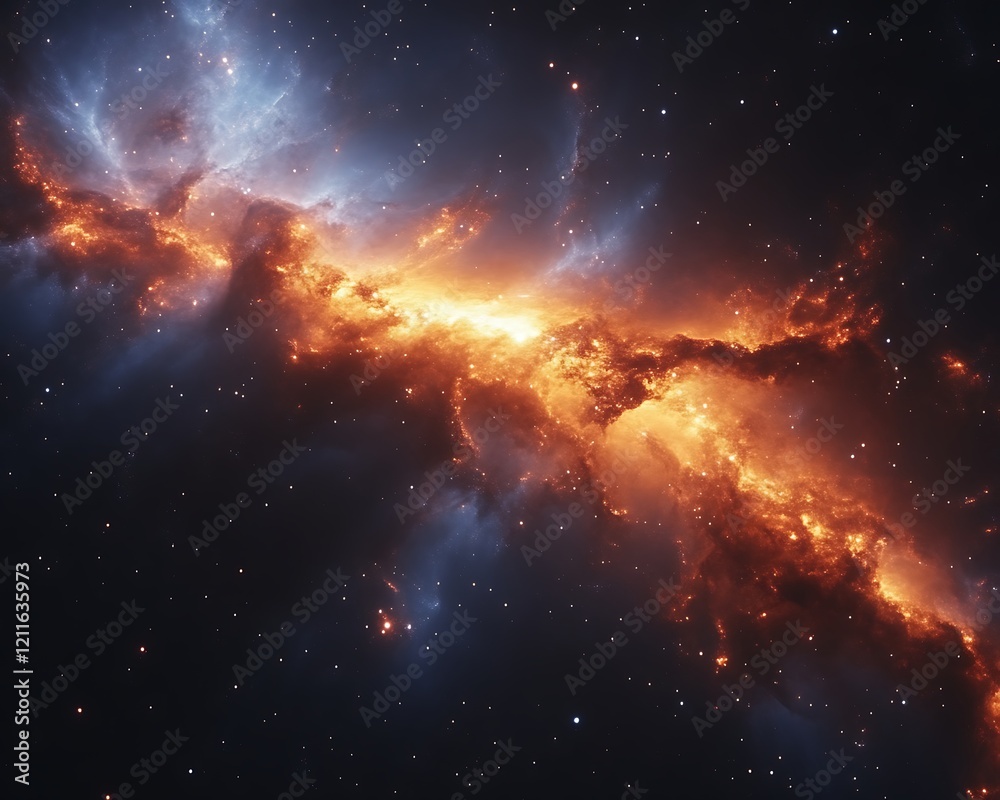 Fototapeta premium Fiery cosmic nebula with blue and orange hues in deep space.