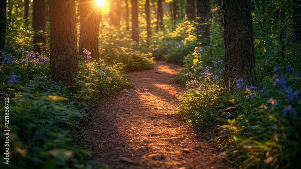 Fototapeta premium Golden Hour Forest Path: A Serene Sunset Walk