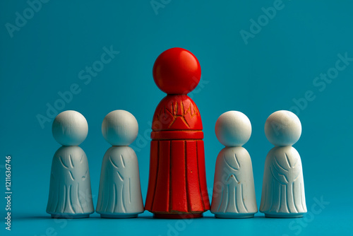 A red figure stands out from the crowd of white figures photo