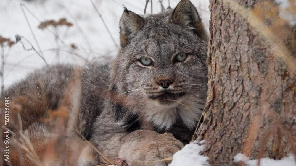 Close-up View Of Canada Lynx Resting During Winter In The Yukon Territory Of Canada. Close-up View Of Canada Lynx Resting During Winter In The Yukon Territory Of Canada.
