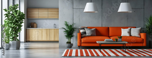 Orange sofa, modern living room, kitchen view, plants