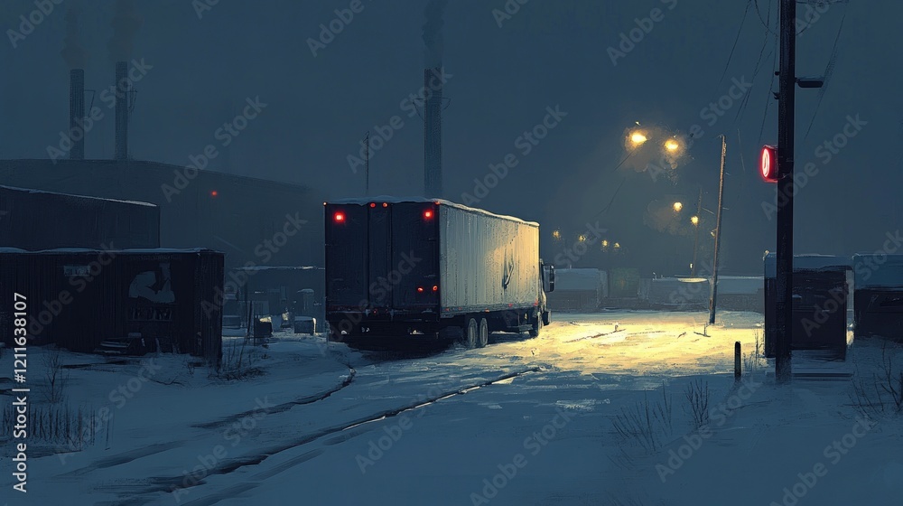 A calm industrial scene at twilight, with snowy surroundings, warehouses, and a trailer lit by soft, warm light, evoking peace in an industrial setting. A calm industrial scene at twilight, with snowy surroundings, warehouses, and a trailer lit by soft, warm light, evoking peace in an industrial setting.