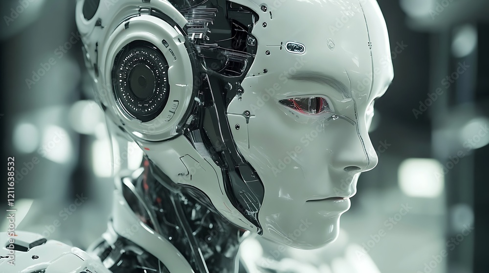 Advanced humanoid robot, close-up profile view, showcasing intricate mechanical details and realistic facial features. Futuristic technology, artificial intelligence. Advanced humanoid robot, close-up profile view, showcasing intricate mechanical details and realistic facial features. Futuristic technology, artificial intelligence.