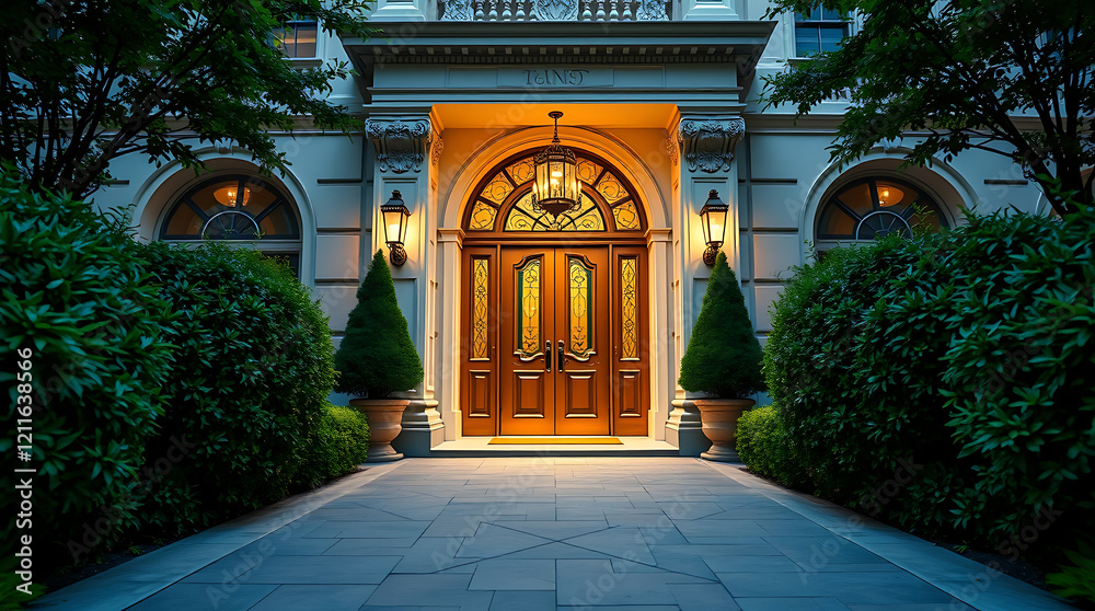 Fototapeta premium Majestic House Entrance at Night: Luxury Real Estate, Classic Architecture, Elegant Home Exterior