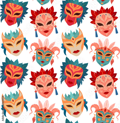 Vector seamless pattern with masquerade masks with feathers. Festive texture with flat style Venetian mask for wallpaper and your creativity