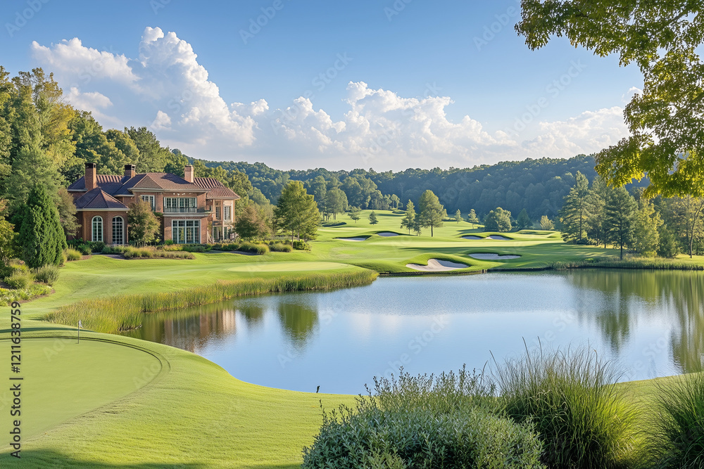 Fototapeta premium High-End Private Golf Course with Impeccably Manicured Fairways and Greens