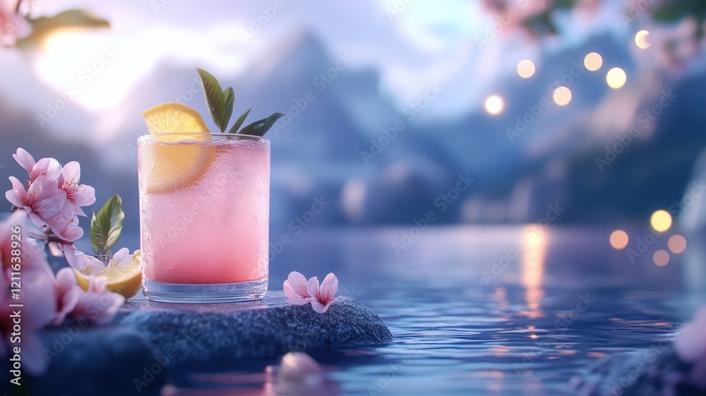 Freshly squeezed lemonade on a sea podium amidst a fantastical landscape with glowing lights. Freshly squeezed lemonade on a sea podium amidst a fantastical landscape with glowing lights.