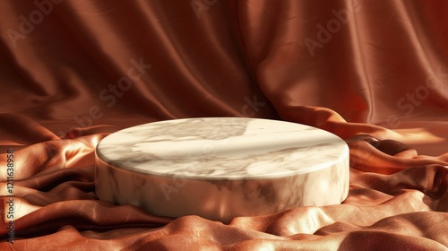 Obraz na płótnie 3D Marble Pedestal Platform on Brown Silk Wavy Background. Luxury Stand Showcase Mock up Product Display w salonie