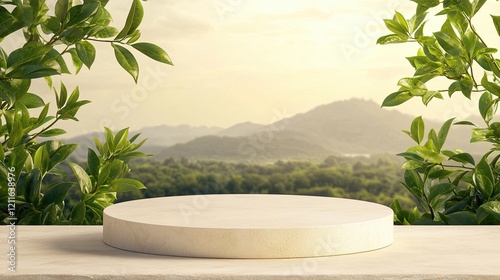 Natural Stone Slab Desk Setting with Soothing Tea Plantation Backdrop. Product display background, stone table, tea plantation, natural setting, green leaves