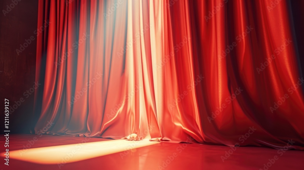 A Ray of Light Shines on a Red Velvet Curtain On Stage with Red Floor. Empty Theater Fabric Draping Background