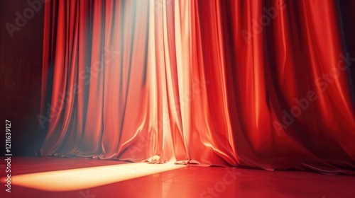 Obraz na płótnie A Ray of Light Shines on a Red Velvet Curtain On Stage with Red Floor. Empty Theater Fabric Draping Background w salonie