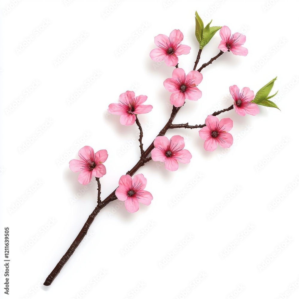 Fototapeta premium A delicate branch with pink blossoms and green leaves, showcasing the beauty of spring and nature's vibrant colors.