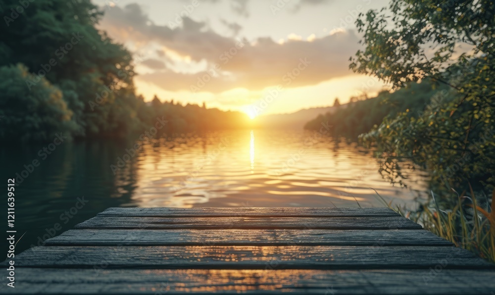 Sunset Over Calm River Water with Wooden Dock Platform Foreground
