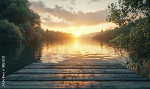 Obraz na płótnie Sunset Over Calm River Water with Wooden Dock Platform Foreground w salonie