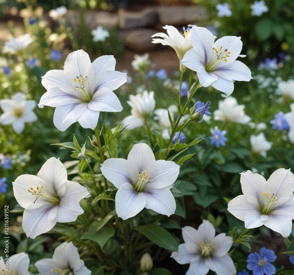 Obraz premium Elegant white blooms of platycodon grandiflorus in a summer garden setting, decorative, ornamental