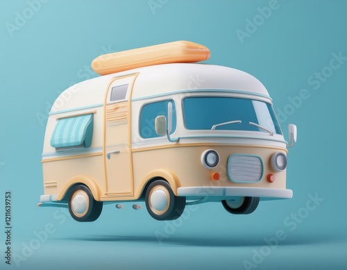 3D illustration whimsical campervan floats against a pastel blue backdrop ready for a summer adventure