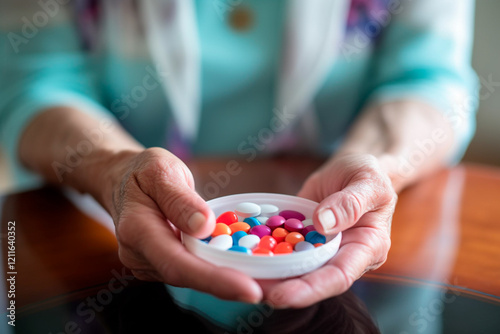 Older adult taking daily pills, ensuring stability and continuous health care
