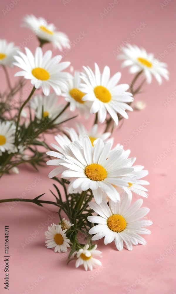 Obraz premium Delicate white daisies decorating a soft pink surface, celebration, petals, decorate, table, lovely