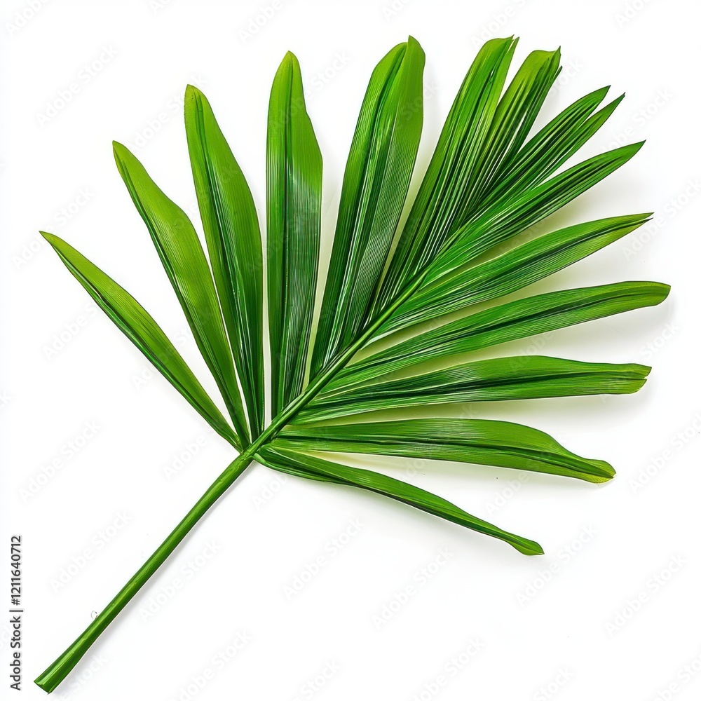 Fototapeta premium A vibrant green palm leaf with elongated, fan-shaped fronds, showcasing a fresh, natural appearance against a white background.