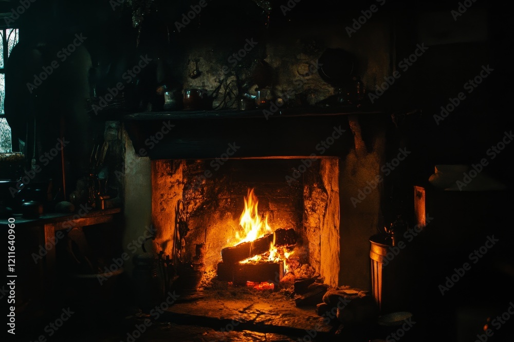 Cozy rustic fireplace with burning wood logs at night. Cozy rustic fireplace with burning wood logs at night.