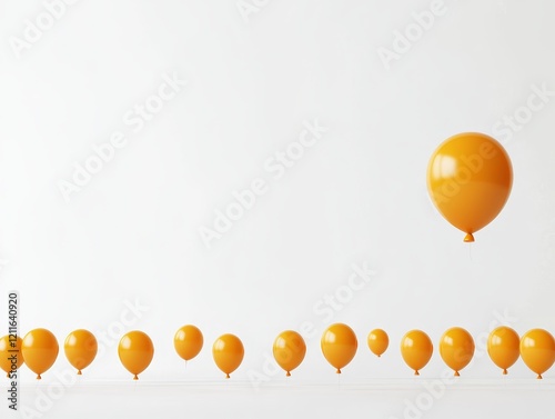 Single orange balloon floats above a row of smaller balloons against a white background. photo