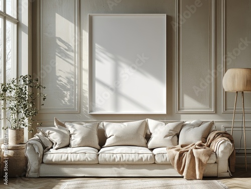 A large blank white picture frame on the wall of an elegant modern living room  featuring soft beige and grey tones  minimalistic design  and cozy natural lighting.