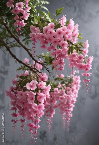 Stunning close-up of pink shower flowers hanging from a branch, garden, hanging photo