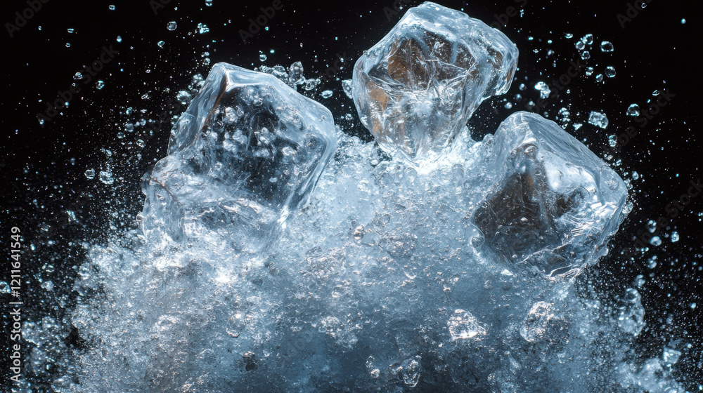 A close-up shot of ice cubes splashing into water, creating a dynamic burst of frozen energy. The crystal-clear texture and water droplets suspended in motion highlight the cold and refreshing effect. A close-up shot of ice cubes splashing into water, creating a dynamic burst of frozen energy. The crystal-clear texture and water droplets suspended in motion highlight the cold and refreshing effect.