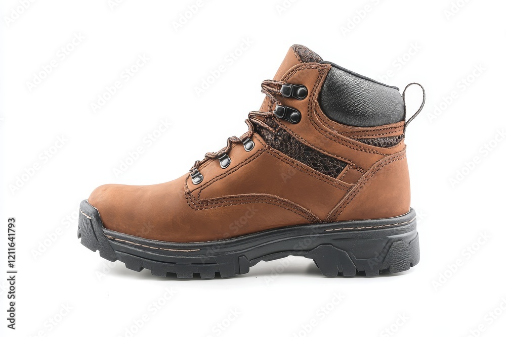 Brown leather work boot, side view, isolated on white background. Brown leather work boot, side view, isolated on white background.