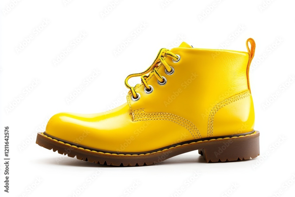 Shiny yellow leather ankle boot on white background. Shiny yellow leather ankle boot on white background.