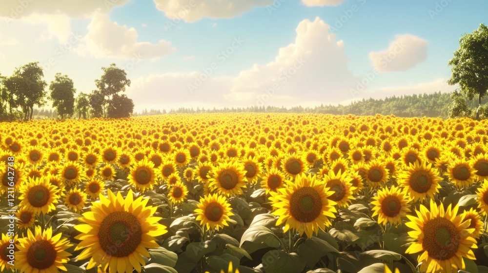 Fototapeta premium Sunflowers Field at Dawn: A Serene Summer Landscape