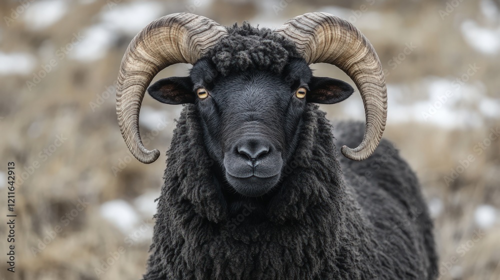 Black ram, large horns, woolly coat. Black ram, large horns, woolly coat.