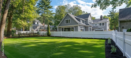 Backyard enclosed by a white vinyl fence, featuring a gray house with white trim and lush greenery.