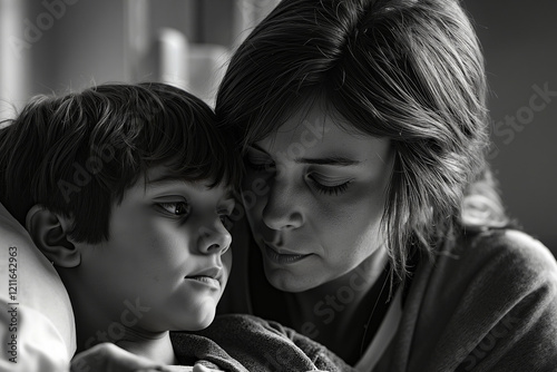 A woman and a young boy are looking at each other