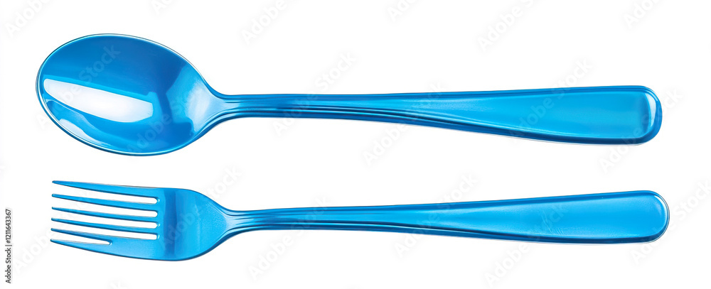 Bright Blue Cutlery Set with Spoon and Fork on White Background Bright Blue Cutlery Set with Spoon and Fork on White Background