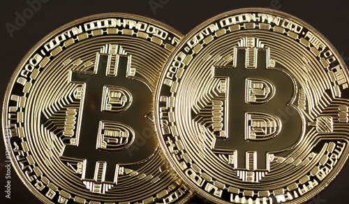 Cryptocurrency bitcoin digital cyber money gold coins e-money cash isolated on black background web template design banner advertisement finance banking 