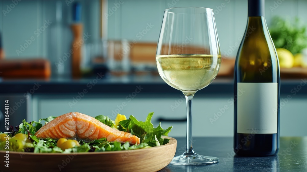 A close-up shot of a glass of white wine beside a bottle and a healthy salmon salad in a contemporary kitchen, with a soft blue backdrop. A close-up shot of a glass of white wine beside a bottle and a healthy salmon salad in a contemporary kitchen, with a soft blue backdrop.