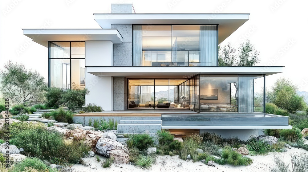 Fototapeta premium Modern Glass House Architectural Design: Luxury Home on a Hillside