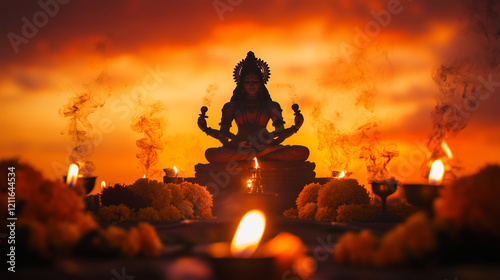 Chaitra Navratri, silhouette of Goddess Durga against the backdrop of orange and red twilight sky, small lamps lit around a simple altar, Ai generated images photo