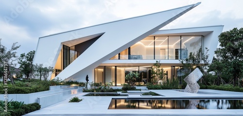 Minimalist light fixtures and stone sculptures in a mansion with a geometric facade. photo