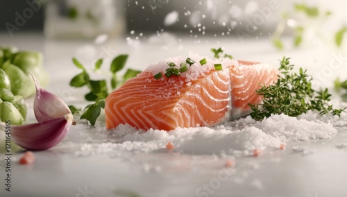 A fresh slice of salmon on the table, surrounded by salt and herbs. The fish is bright red with pink edges and greenery sprinkled across its surface.  photo