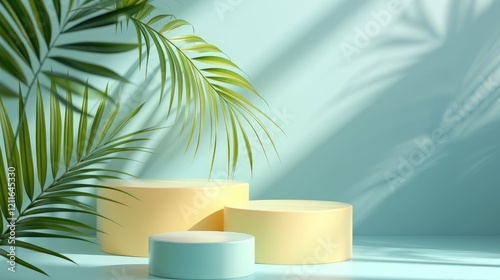 Obraz na płótnie Realistic 3D Yellow and Blue Three Product Display Platform With Palm Foliage On Light Blue Background w salonie
