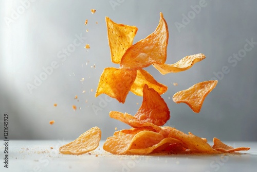 A pile of crispy chips, with some pieces tumbling down and crumbs cascading around, isolated on a bright white surface  photo