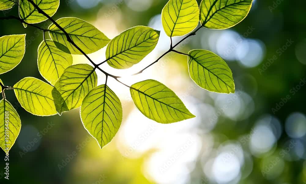 Close-up view of vibrant green leaves illuminated by sunlight against a dreamy bokeh background in a serene natural setting Close-up view of vibrant green leaves illuminated by sunlight against a dreamy bokeh background in a serene natural setting