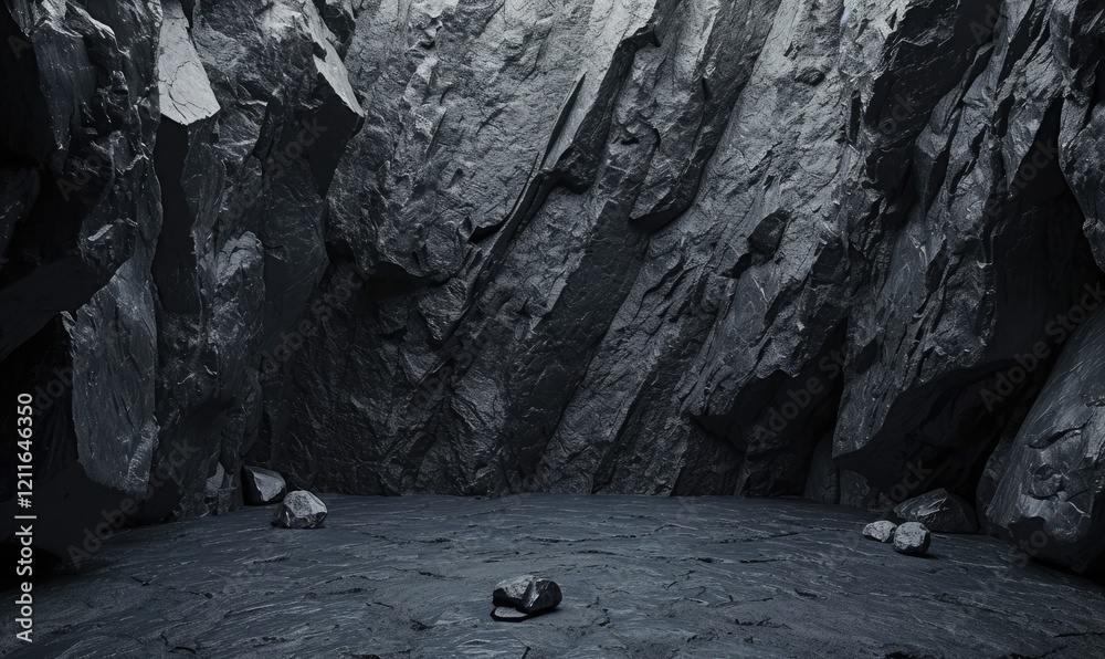 Empty Dark Stone Cave Floor with Natural Rough Black Stone Rocks Walls Background, Minimalist Mockup for Podium Display or Showcase