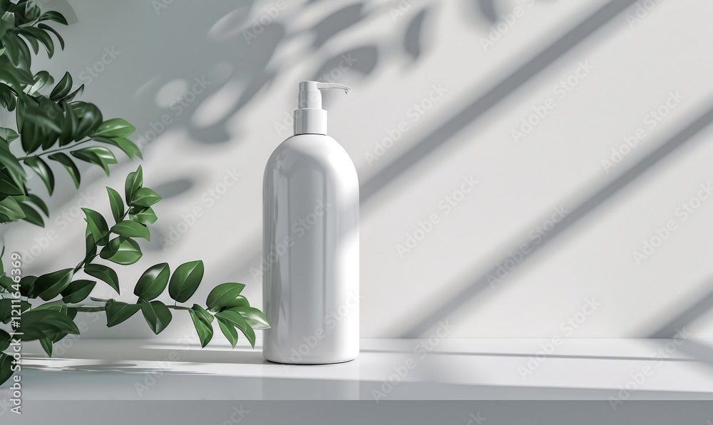 White Plastic Pump Bottle For Lotion, Soap, or Sanitizer Near Green Leaves Against Bright White Background