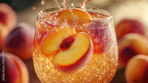 Peach slices create a refreshing splash in a glass of peach nectar