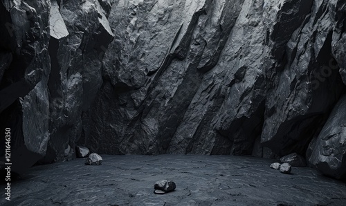 Obraz na płótnie Empty Dark Stone Cave Floor with Natural Rough Black Stone Rocks Walls Background, Minimalist Mockup for Podium Display or Showcase w salonie