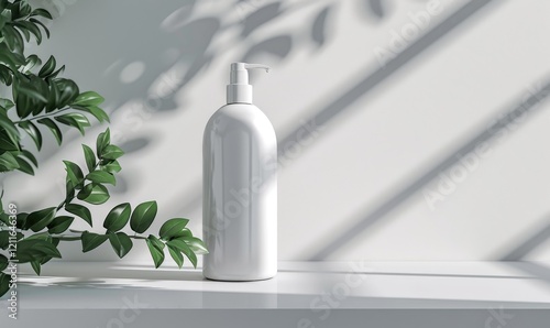 White Plastic Pump Bottle For Lotion, Soap, or Sanitizer Near Green Leaves Against Bright White Background